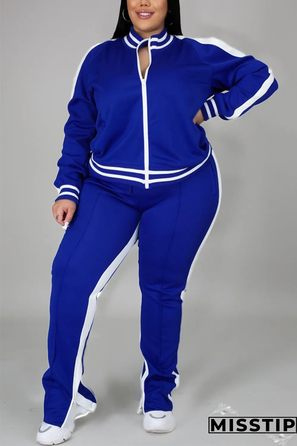 Black Fashion Casual Sportswear Zipper Collar Long Sleeve Regular Sleeve Patchwork Plus Size Set