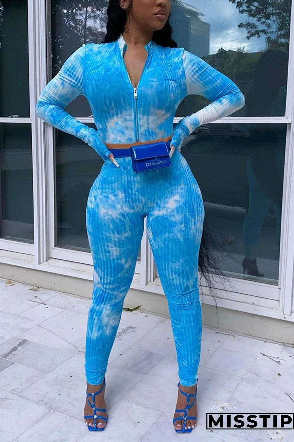 Blue Sexy Casual Print Tie-dye O Neck Long Sleeve Short Two Pieces