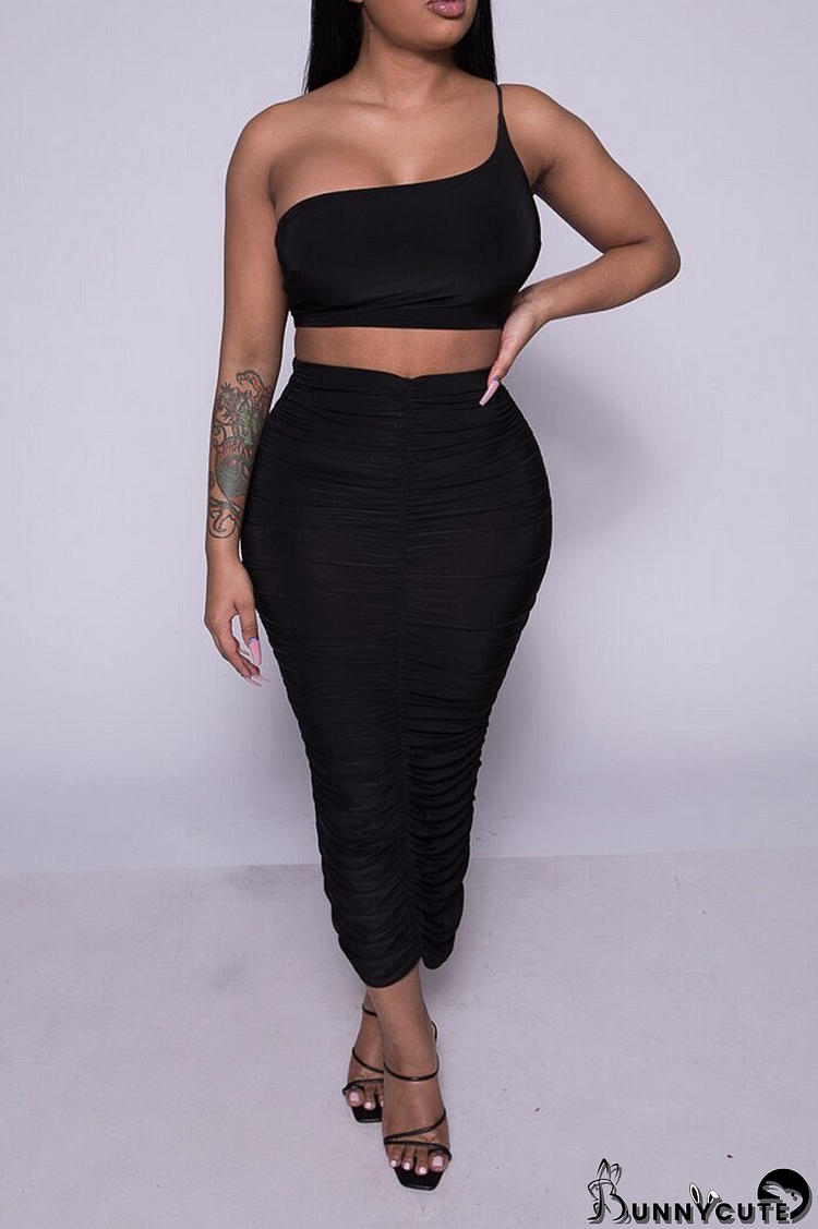 Black Sexy Solid Split Joint One Shoulder Sleeveless Two Pieces