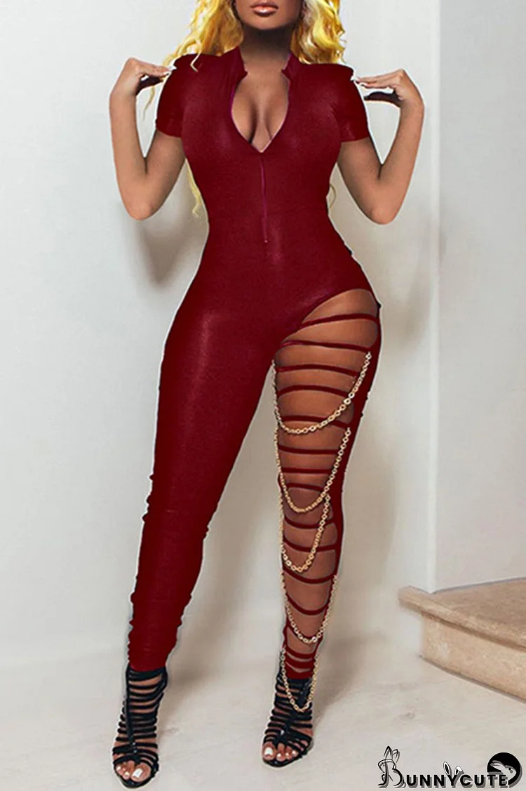 Red Fashion Sexy Solid Hollowed Out Split Joint Chains Zipper Collar Skinny Jumpsuits