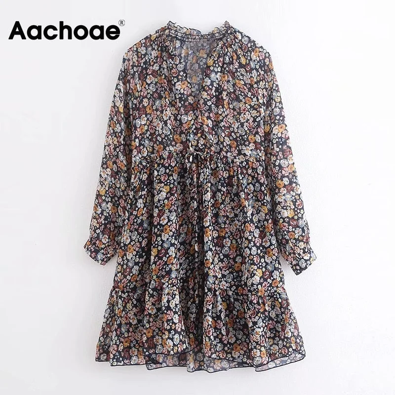 Aachoae Summer Boho Floral Print Dress Women Lantern Long Sleeve Pleated Dresses V Neck Beach Mini Dress Female Roupa Feminina