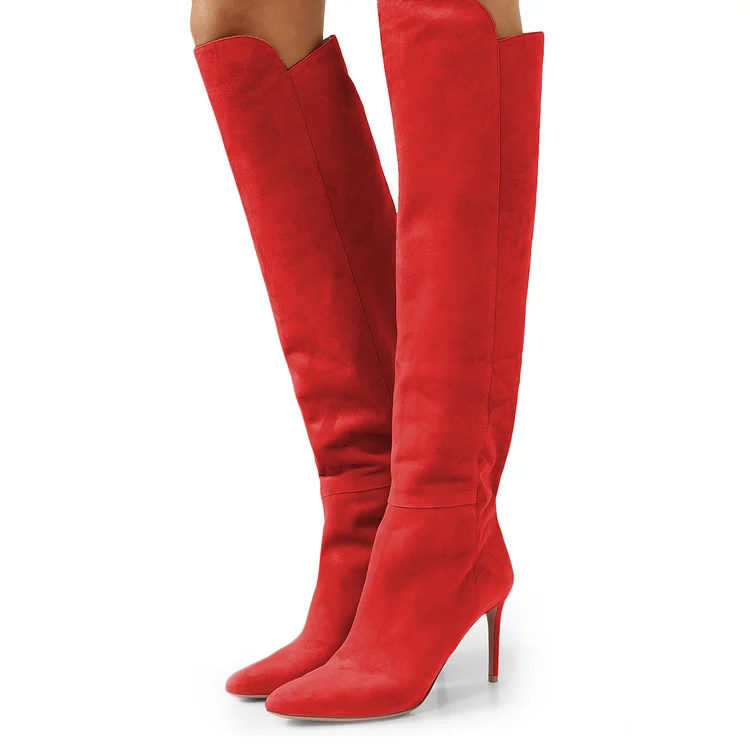 Red Vegan Suede Knee High Stiletto Boots |FSJ Shoes