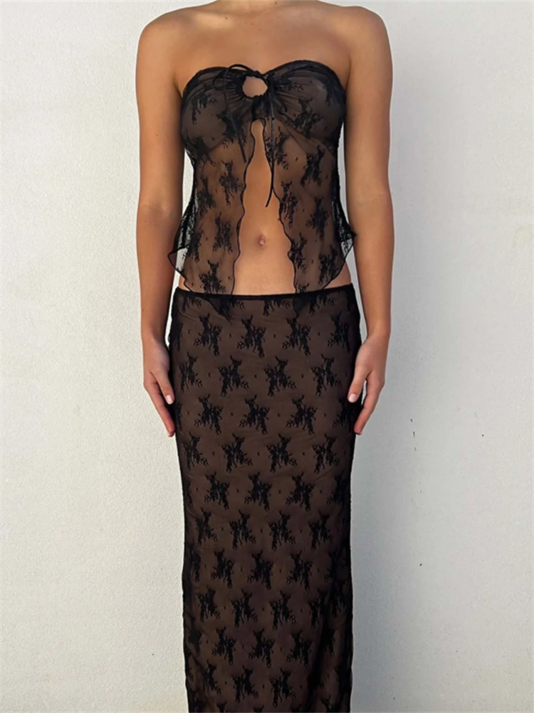 Toss Lace Embroidery Maxi Skirts Summer Casual Low Waist Double-Layer Mesh Slim Y2k Long Skirts For Women 2025 White Skirt Set