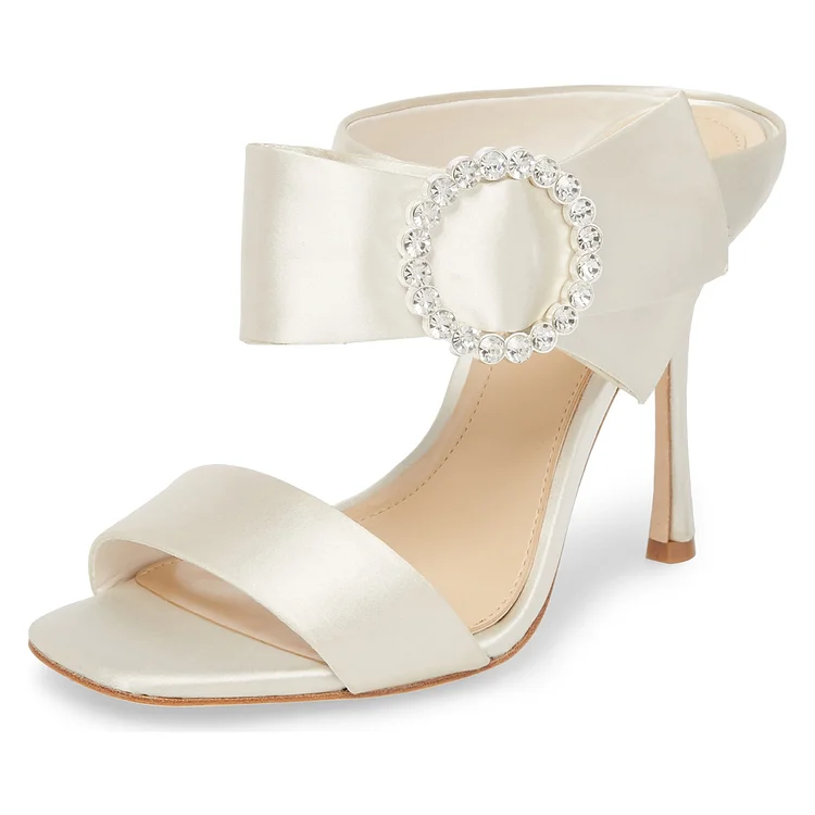 Ivory Wedding Shoes Satin Open Toe Rhinestone Buckle Mule Sandals |FSJ Shoes