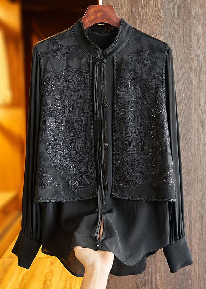French Black Stand Collar Embroideried Patchwork Silk Blouses Spring