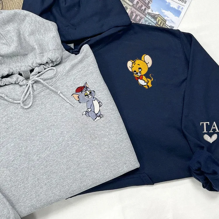 TOSCUSTOM™ Custom Embroidered Matching Hoodies Cat and Mouse Couple Sweatshirts