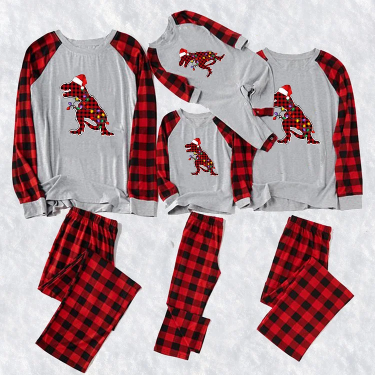 Merry Christmas Red Hat Dinosaur Grey Top With Black&Red Plaid Pants Matching Pajamas