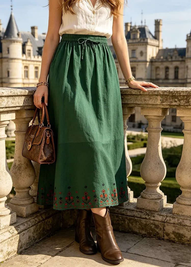 Vintage Green Print Linen A Line Skirt Summer