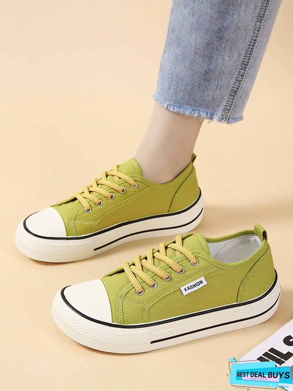 Casual Plain Color Split Joint Comfy Square Toe Lace-Up Canvas Shoes