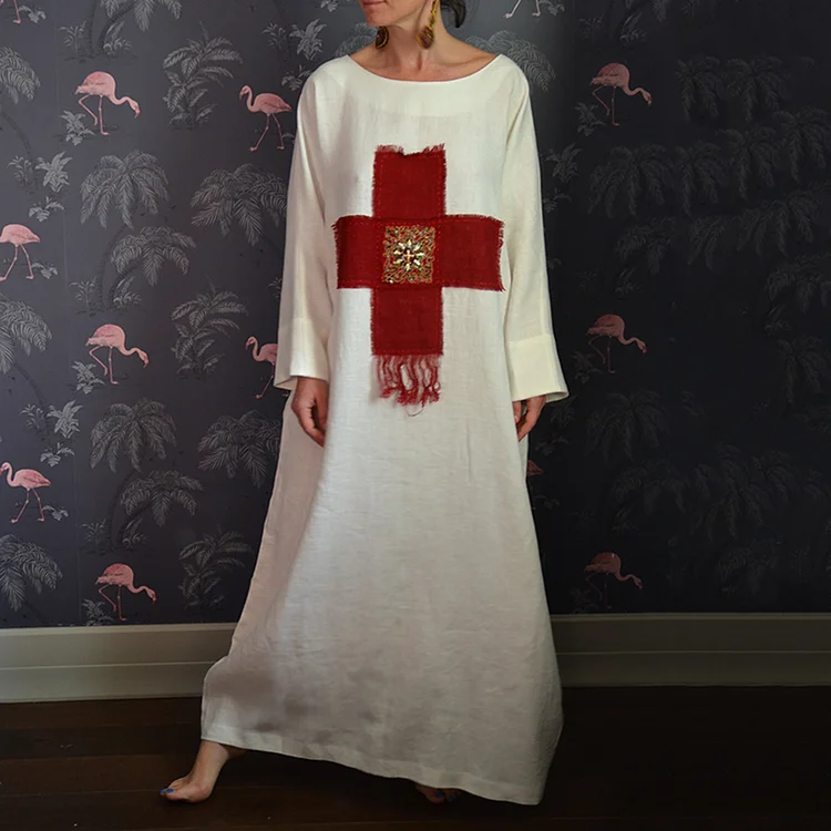 VChics National Totem Red Cross Embroidery Art Loose Cotton Linen Maxi Dress