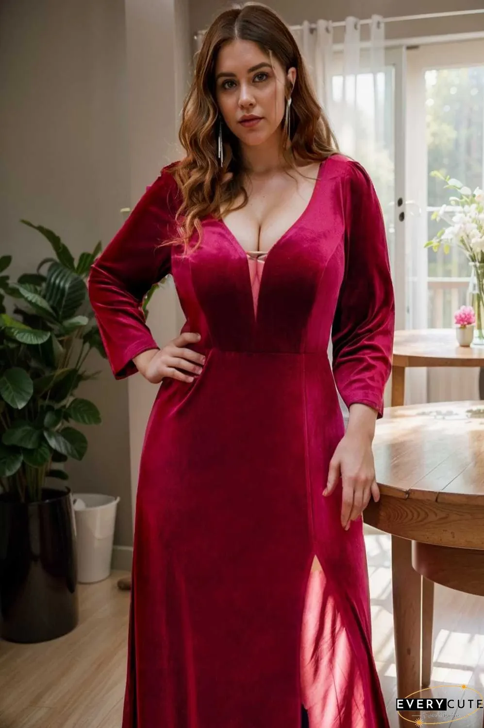 velvet 3 4 length sleeve illusion v neck front slit evening dress