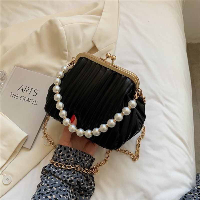 Pleated Shell bag Small Totes With Pearl Handle 2022 New PU Leather Women's Designer Handbag Chain Shoulder Messenger Bag Purse