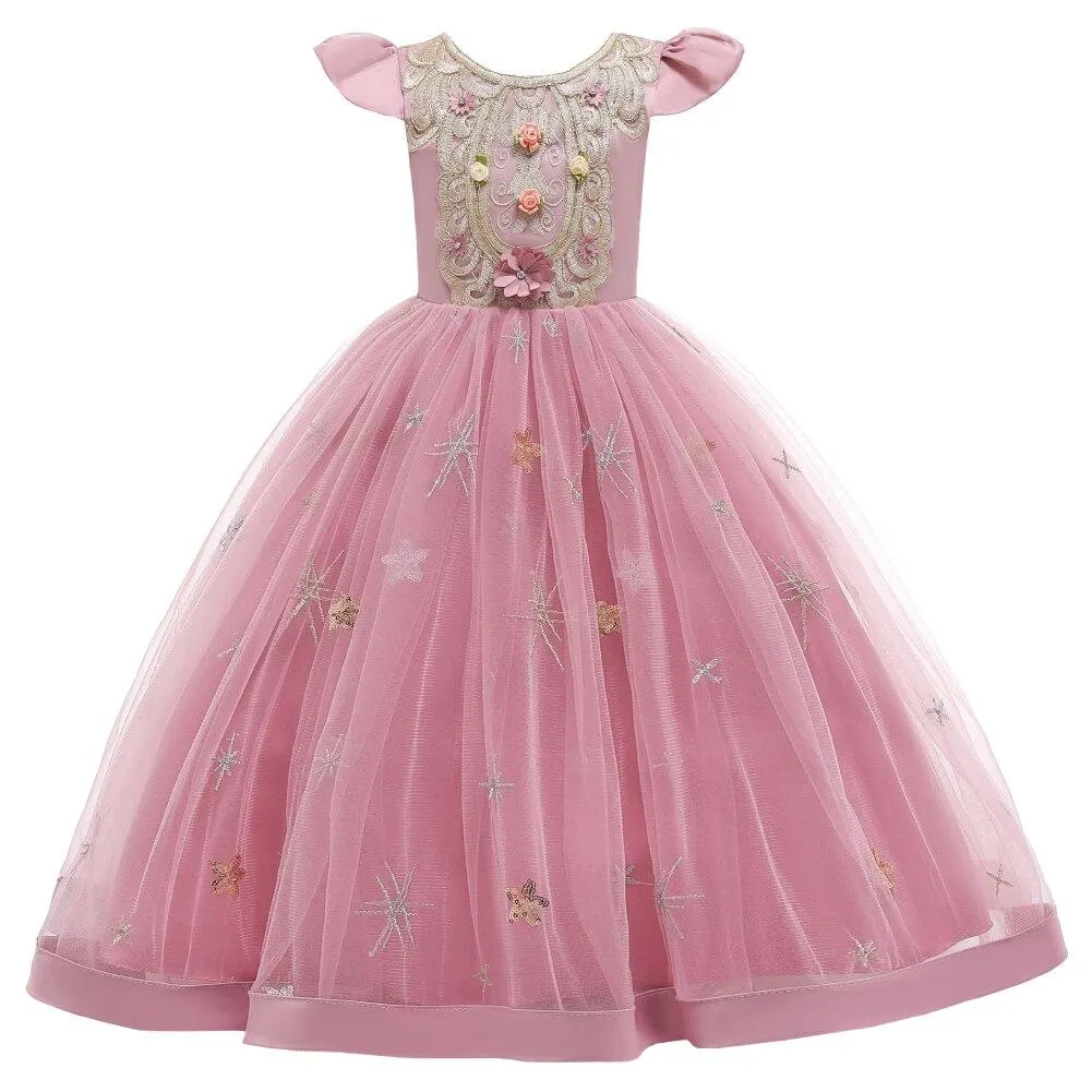 High End Long Style Dress For Girl Wedding Kids Crew Neck Embroidered Flower Kid Dress For Party 2-10 Years old