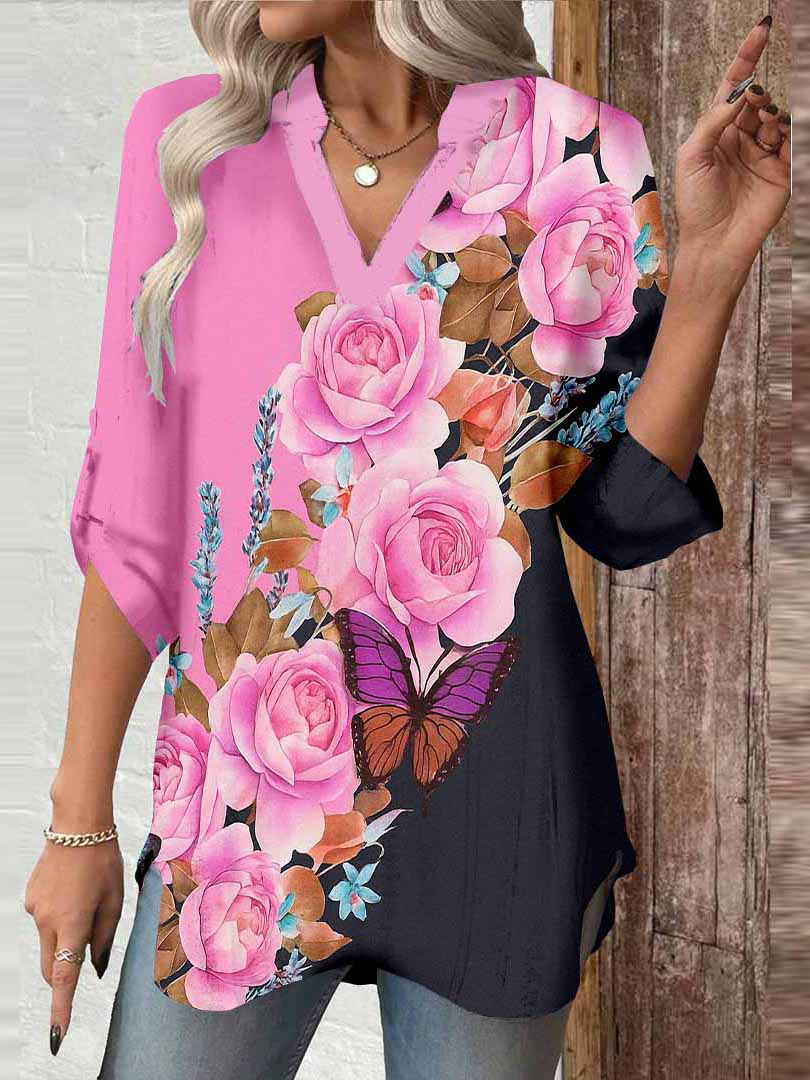 Women Floral, Black, Pink DZGA0761 3/4 Sleeve V-neck Printed Graphic Button Tops
