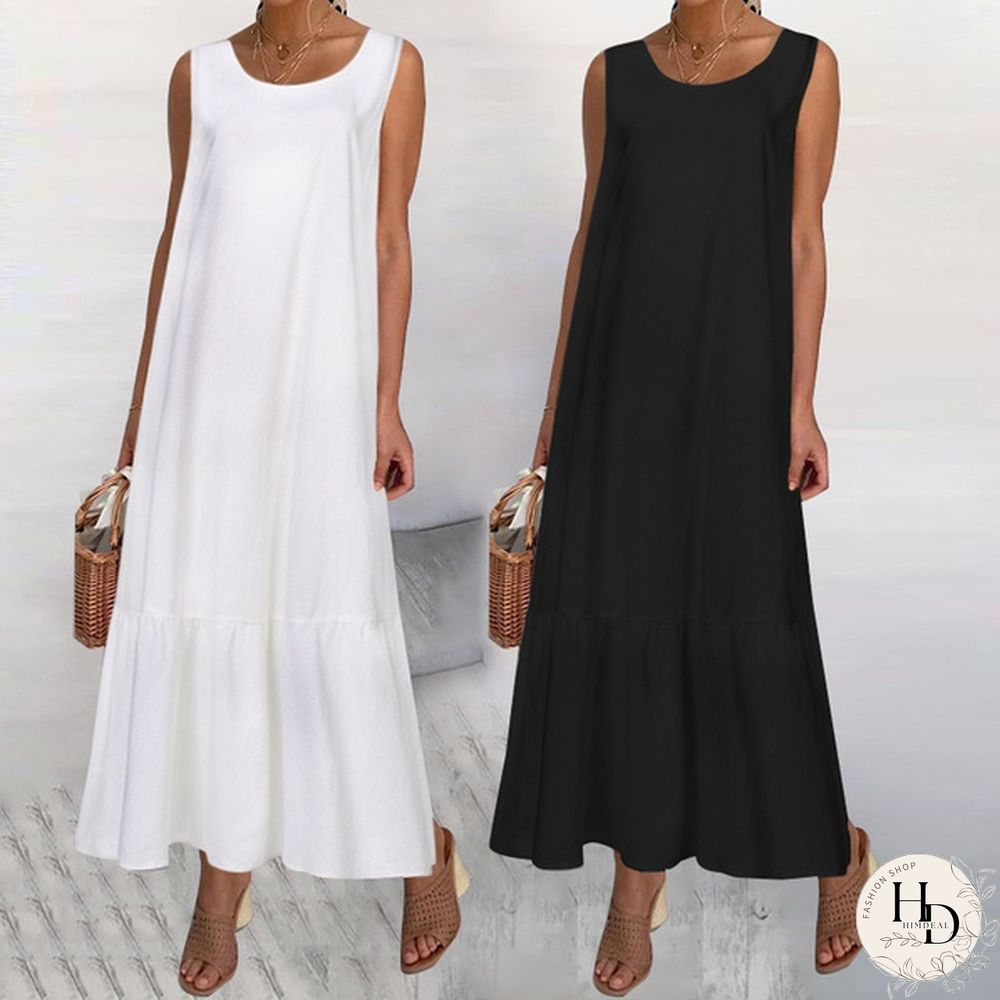 Sumemr Beach Holiday Sundress Women Sleeveless Ruffles Hem Long Dress Cotton Linen Casual Loose Pleated Kaftan Dress Plus Size