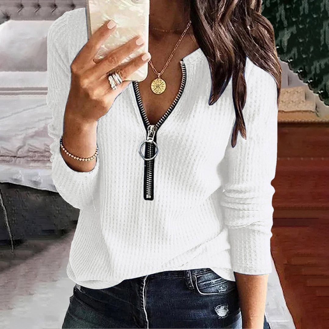 Solid Color V-Neck Zipper Long Sleeved Casual T-Shirt