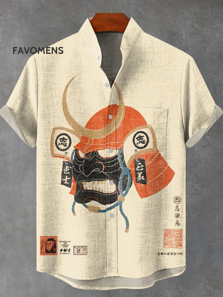 Traditional Japanese Samurai Helmet Decorative Pattern Casual 100% Cotton Shirt Multicolor / S