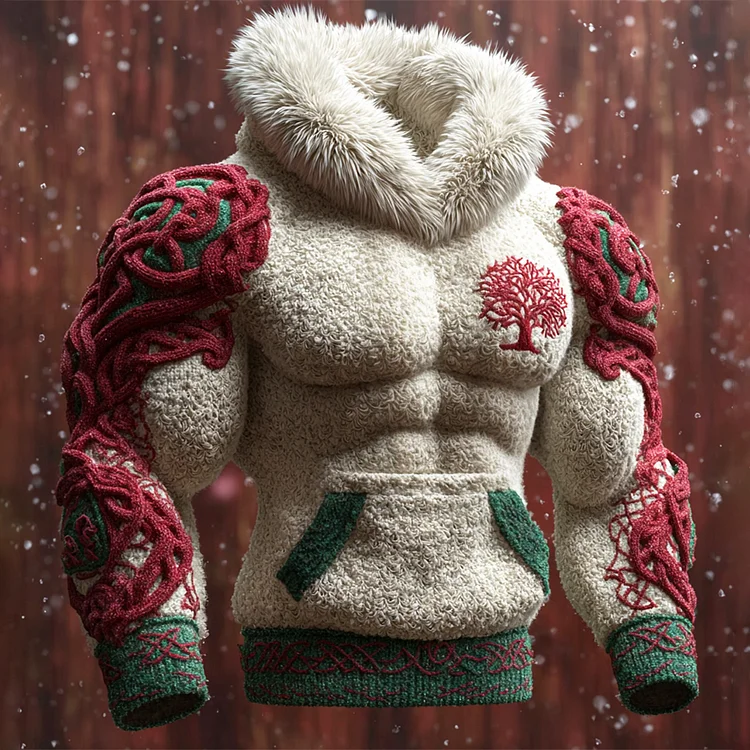 Christmas Viking World Tree Men's Fur Trim Hooded Fleece Sweater