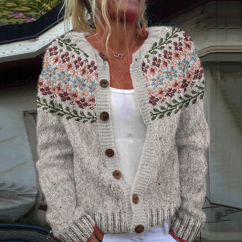 Vintage Icelandic Floral Art Print Cozy Button Sweater