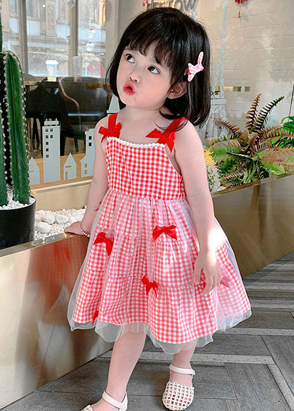 VCSHOES Red Plaid Patchwork Tulle Kids Slip Long Dress Summer