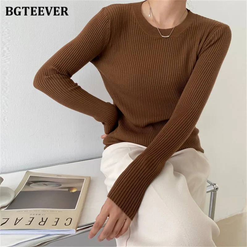 BGTEEVER Fashion New Autumn O-neck Slim Women Sweater 2021 Full Sleeve Stretched Casual Knitwear Skinny Female Knitting Tops
