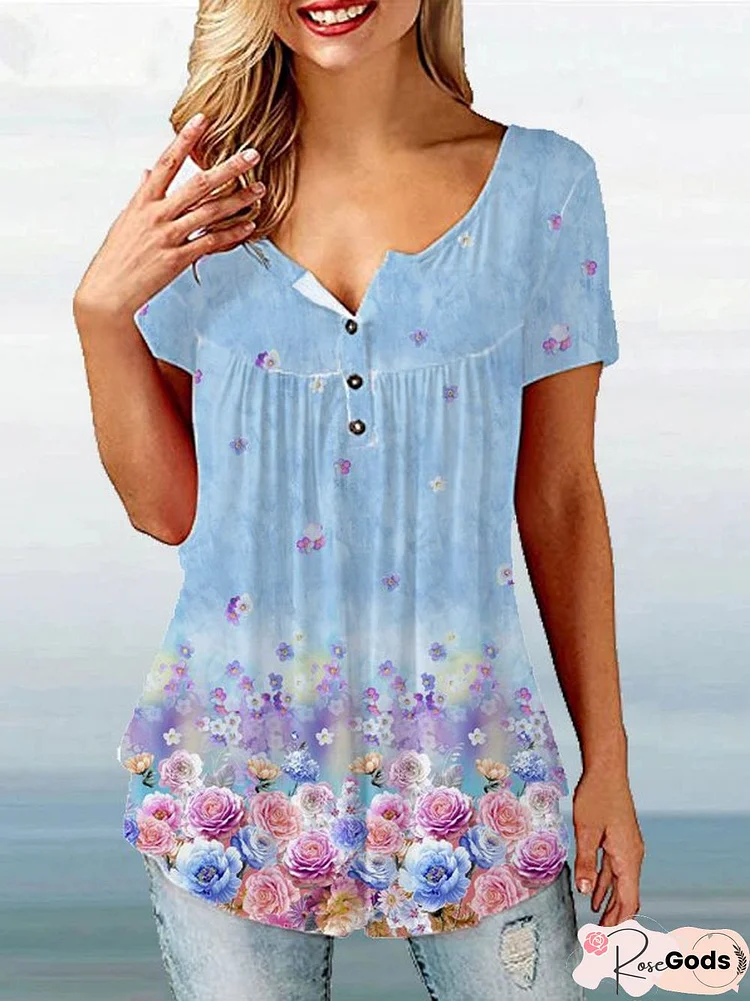 Casual Floral Crew Neck Short Sleeve Tops