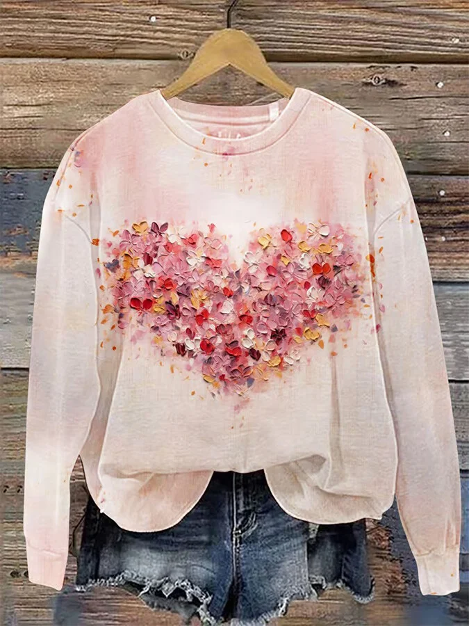 Women's Valentine's Day Oil Painting Flower Love Print Casual Sweatshirt