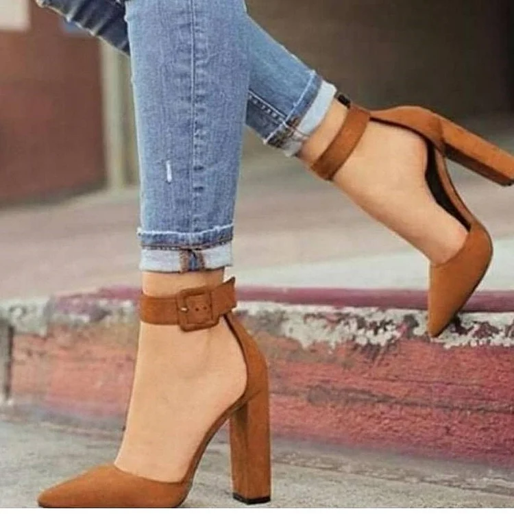 Tan Ankle Strap Heels Office Shoes Pointed Toe Chunky Heel Pumps |FSJ Shoes