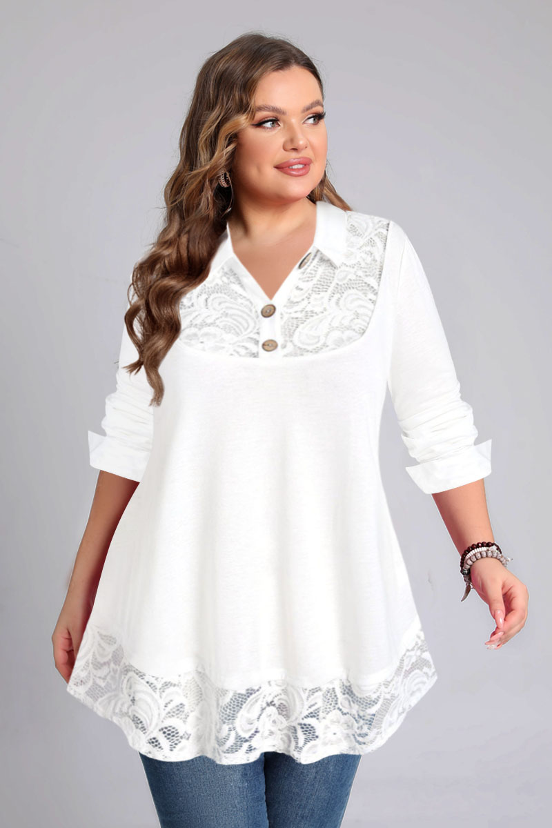 Flycurvy Plus Size Casual White Lace Stitching Shirt Collar Buttons Blouses
