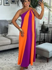 Iplaynox stylish dresses Women Chic Contrasting Striped Print Loose Long Dress Elegant Diagonal Collar Sleeveless Robes Summer Lady Holiday Vestidos 2025