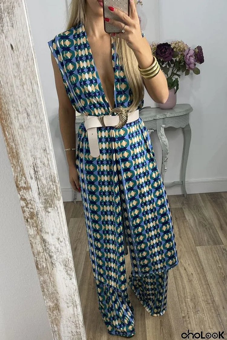 Casual Geometric With Belt Printing V Neck Sleeveless Two Pieces