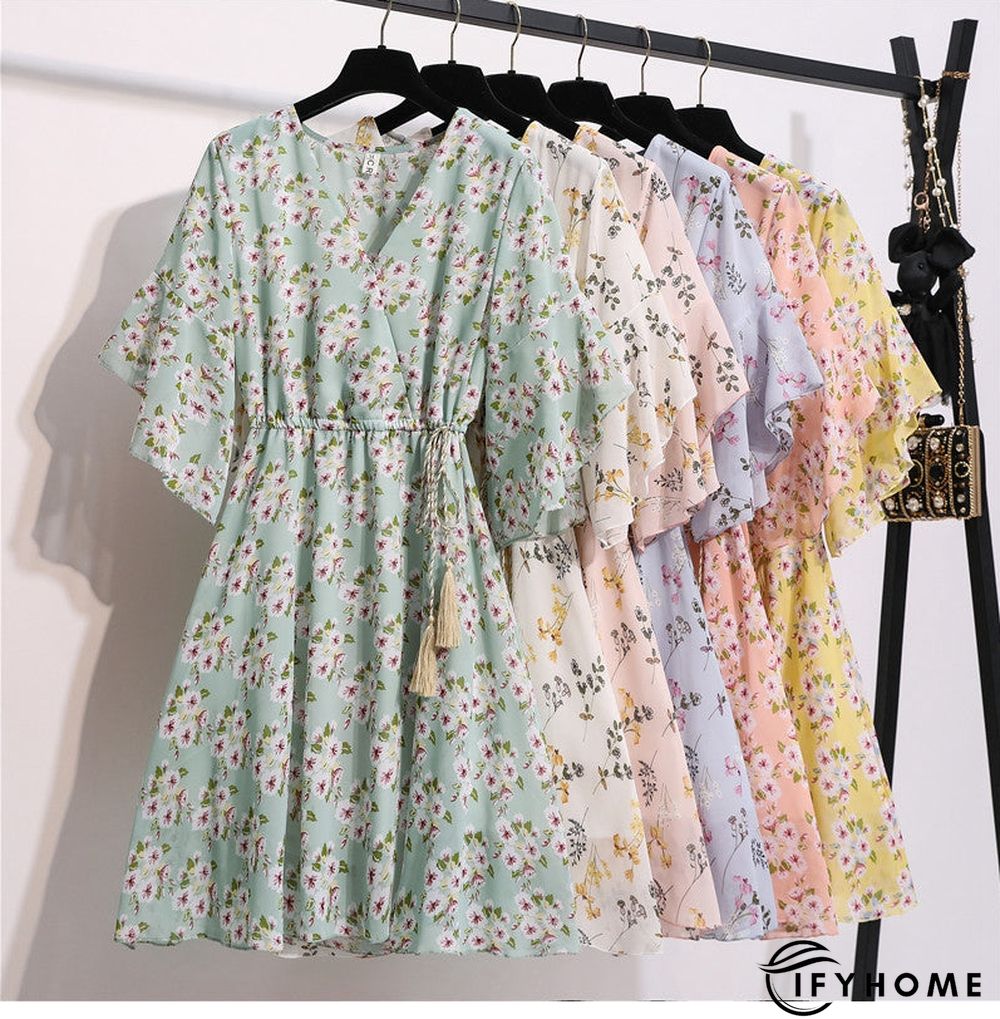Spring Summer Chiffon Women V-Neck Floral Print Short Dresses Sweet Ruffle Sleeeve Slim Drawstring Ladies Dress | IFYHOME