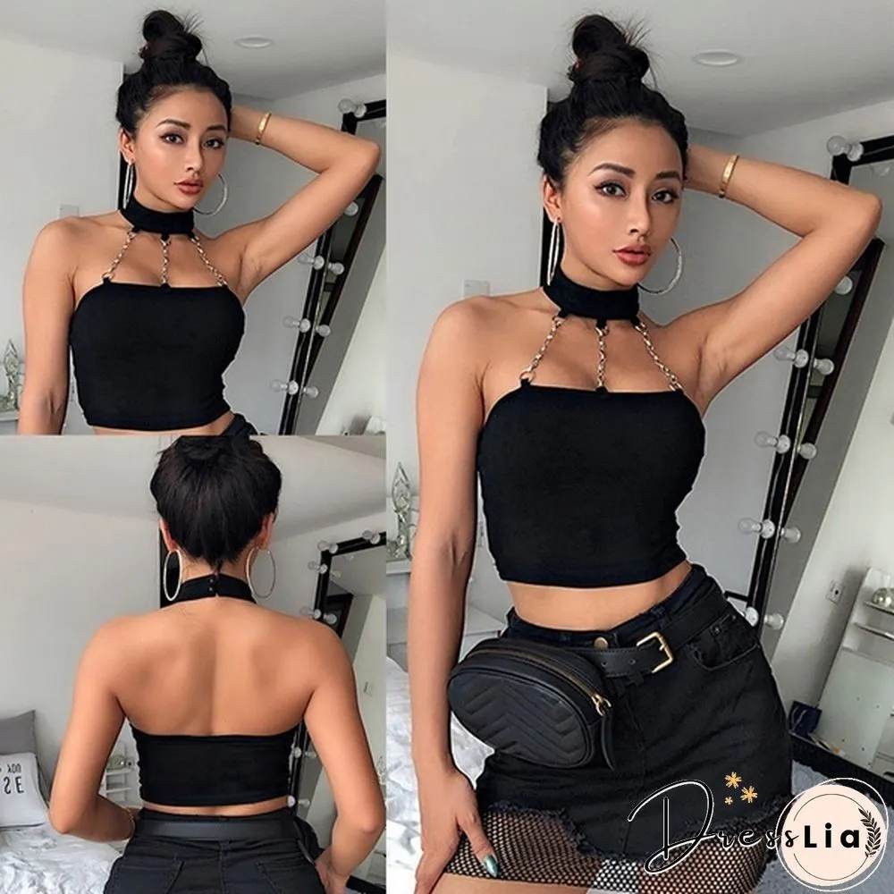 Summer Women Halter Neck Chain Backless Strapless Crop Vest Tube Top
