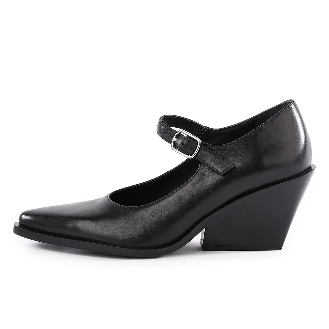 Black Chunky Heel Buckle Pointed Toe Formal Mary Jane Shoes