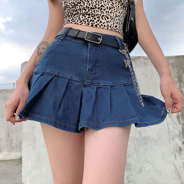 New Denim Mini Pleated Skirt Ladies Summer High Waist Jeans Shorts Skirt Female Ruffled Fashion Korean Version - Shop Trendy Women's Clothing | LoverChic