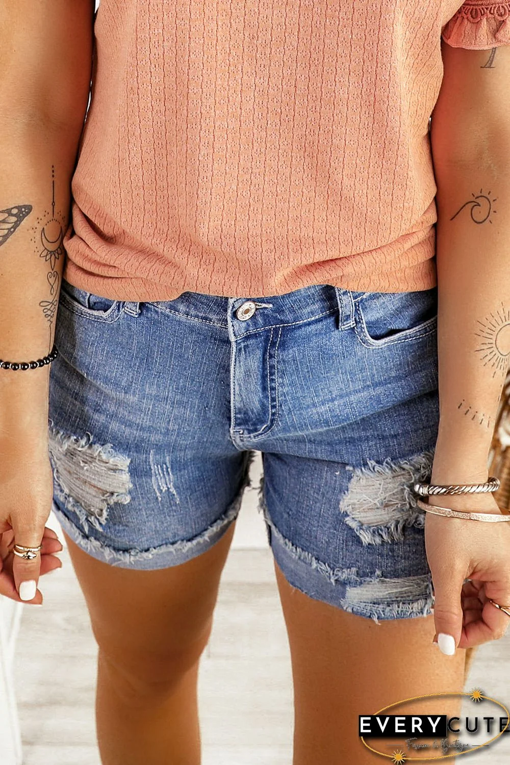 Women's Distressed Ripped Rolled Hem Blue Denim Shorts