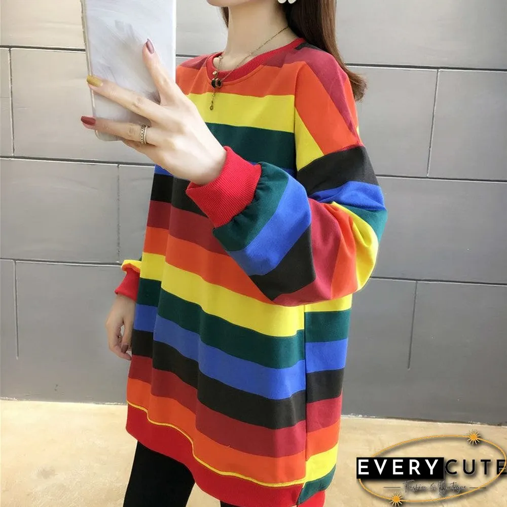 Fashion Rainbow Color Sweatshirt Hoodies Women Loose Long Sleeve Pullover Female Spring