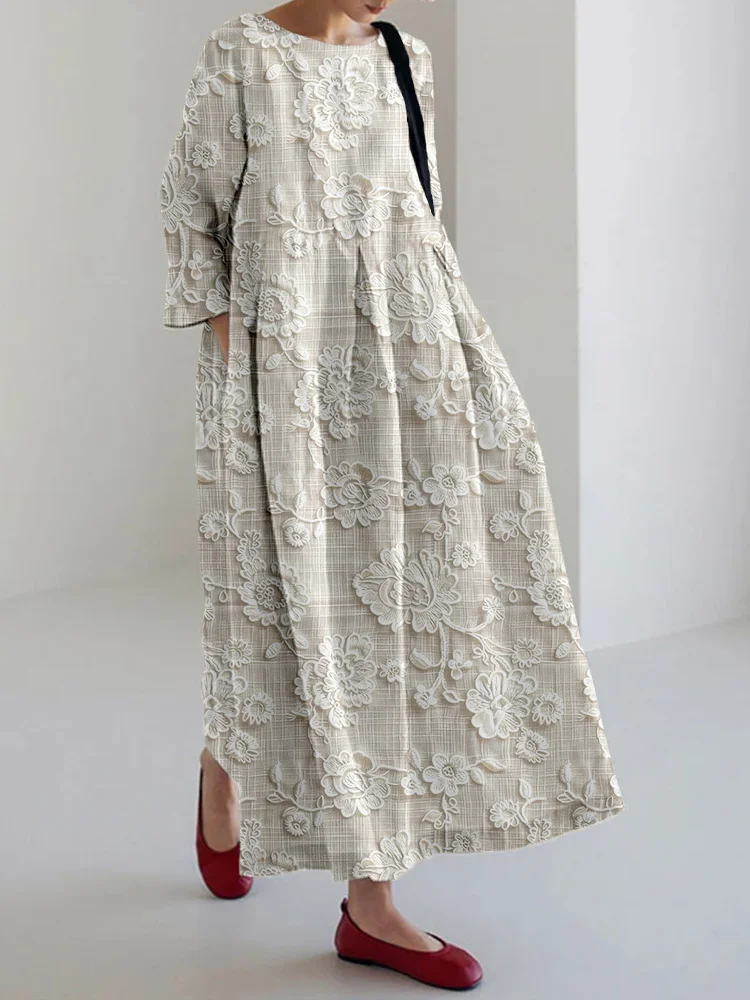 Comstylish Floral Lace Embroidered Linen Blend Maxi Dress