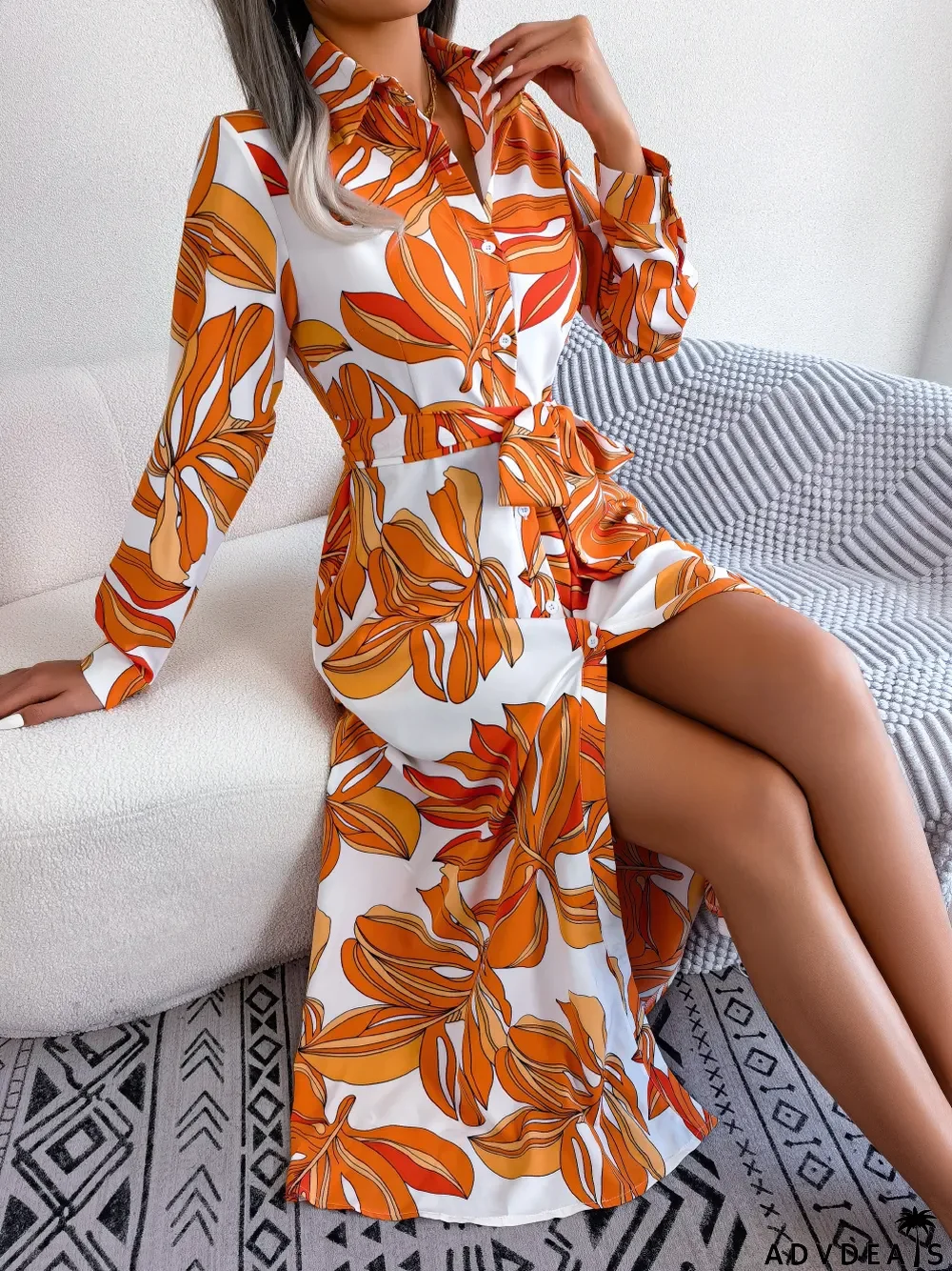 Women Color Block Floral Turndown Collar Tie Shirt Maxi Dress