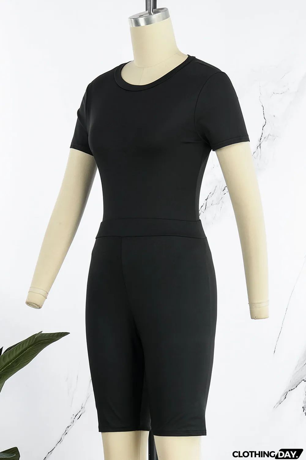 Black Casual Solid Patchwork O Neck Short Sleeve Two Pieces