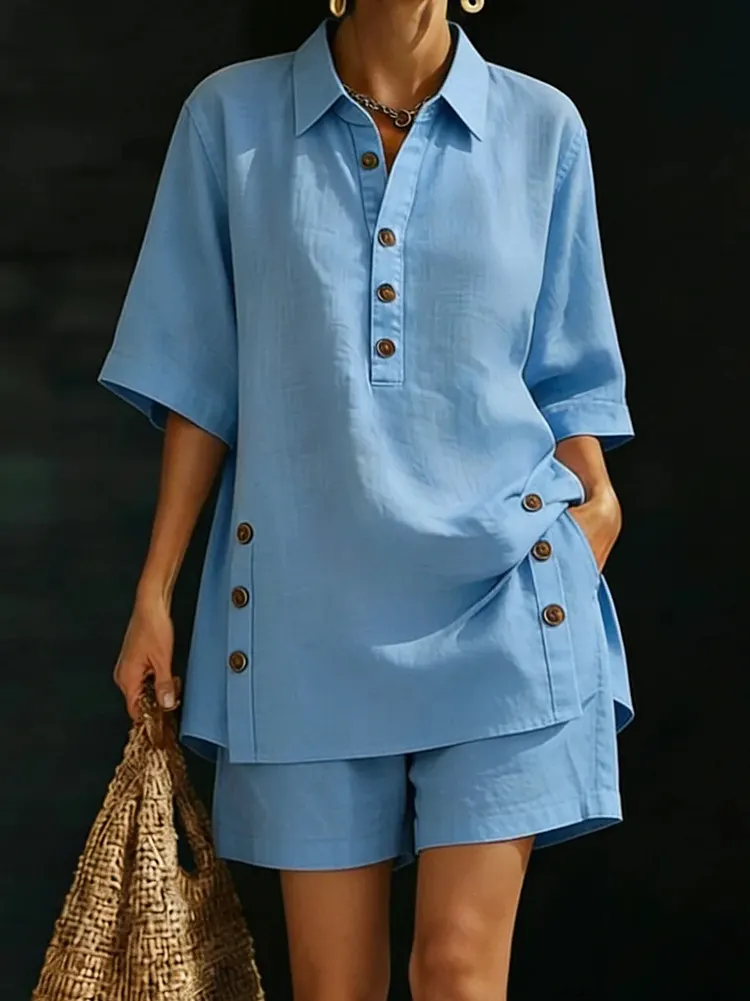 Buttoned Pockets Solid Color Loose Plus Size Lapel Blouse Top + Shorts Bottom Two Pieces Set