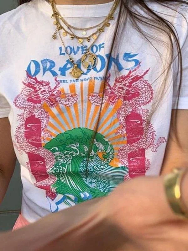 Brownm Dragon Print Crop Top