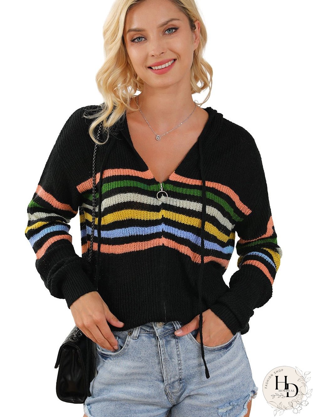 Rainbow Striped Hooded Sweater Cardigan