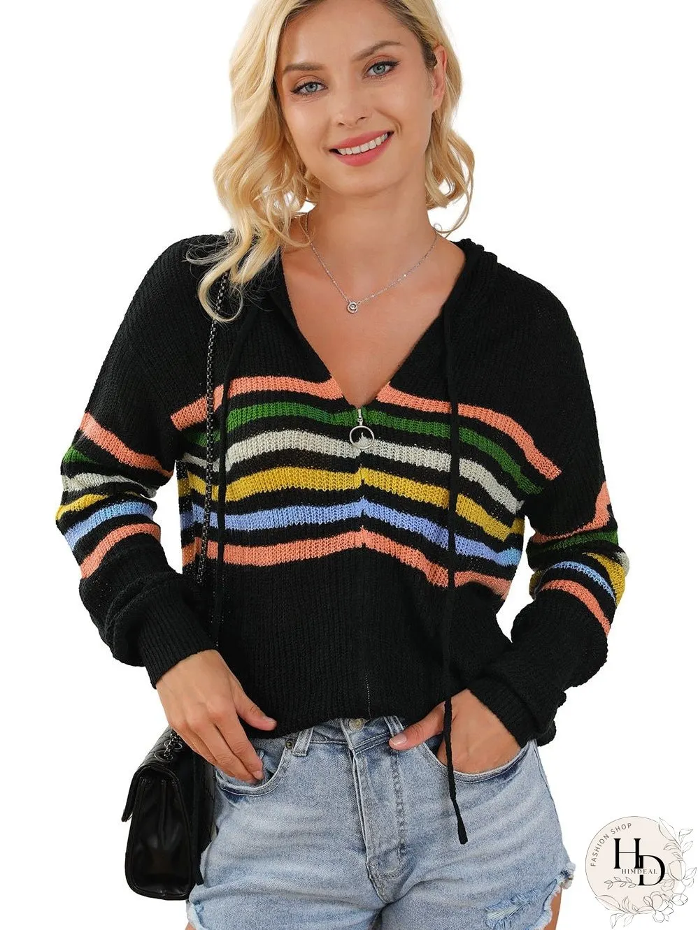 Rainbow Striped Hooded Sweater Cardigan