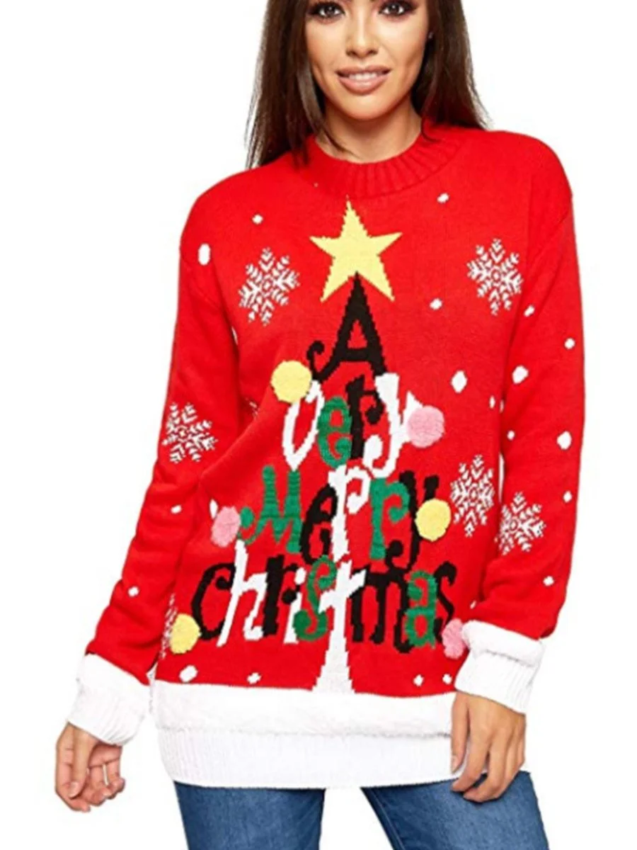 Women's Sweaters Letter Print Long Sleeve Loose Knitted Pullover Christmas Sweater
