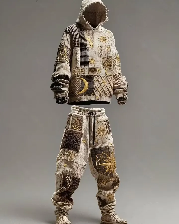 Men's Spring/Summer Fashion Star and Moon Embroidery Color Block Two-Piece Set 8613