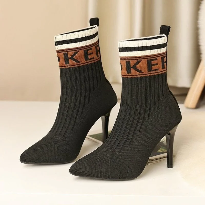 2021 Autumn Knitting Women's Boots Winter Shoes for Women Fashion High Heels Booties Woman Thin Heels Ankle Boots Martin Boots