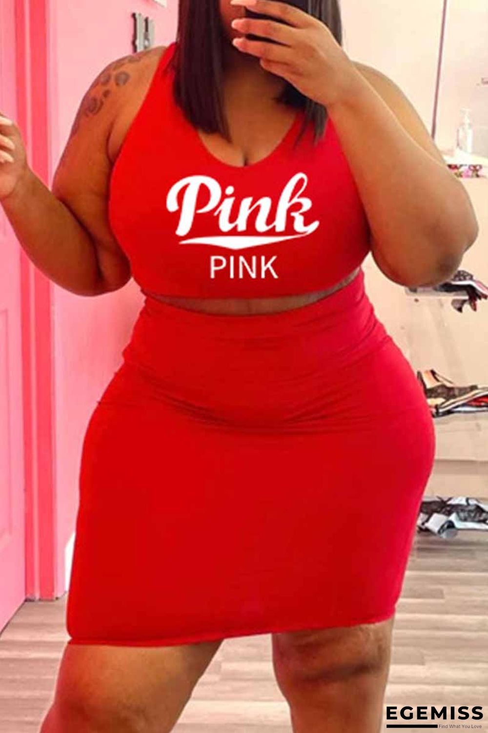 Red Sexy Casual Letter Print Vests O Neck Plus Size Two Pieces | EGEMISS