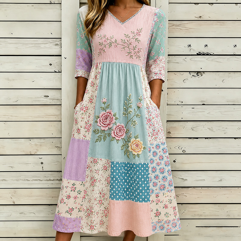 Comstylish Women's Vintage Flower Embroidery Patchwork Art Cotton Linen Casual Dress