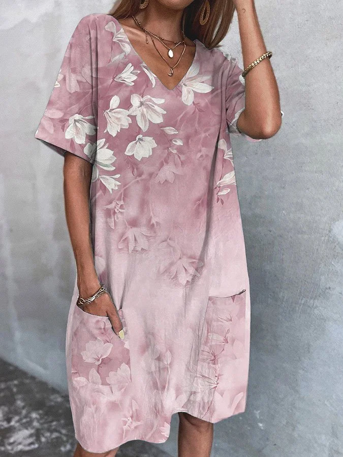 V-Neck Floral Print Pocket Dress